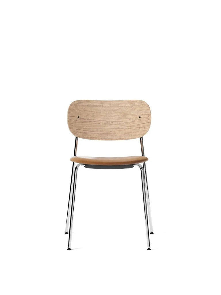 Co Chair, Chrome Frame/Back Natural Oak Veneer, Upholstered seat in Dakar Leather, Cognac