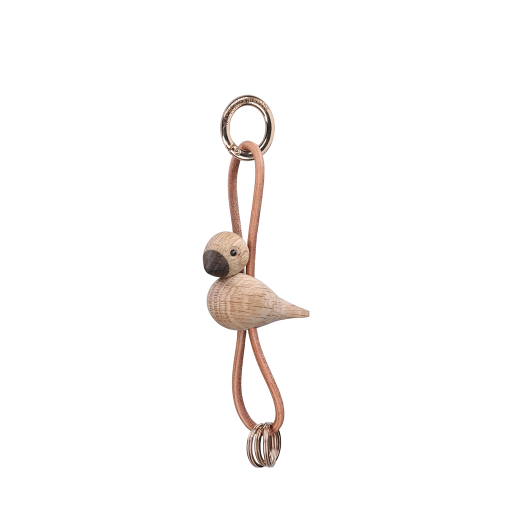 Bird Golden Metal Keychain with Natural Leather Oak