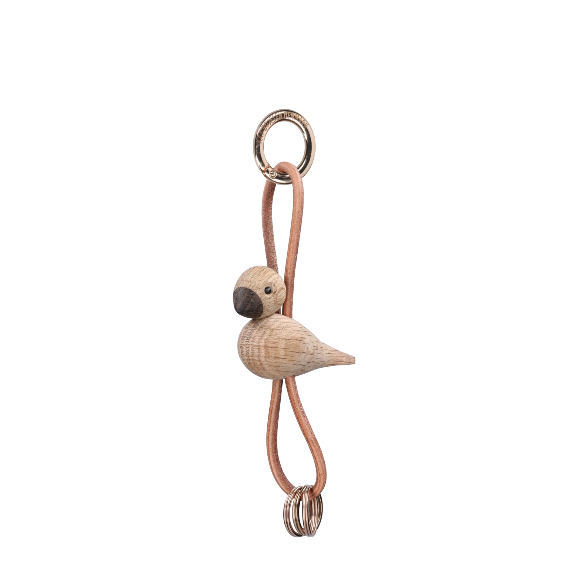 Bird Golden Metal Keychain with Natural Leather Oak