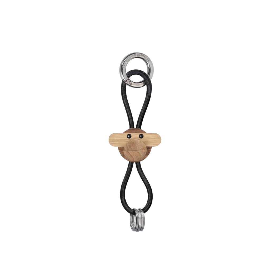 Monkey Silver Metal Keychain with Black Leatherm, Teak/Limba