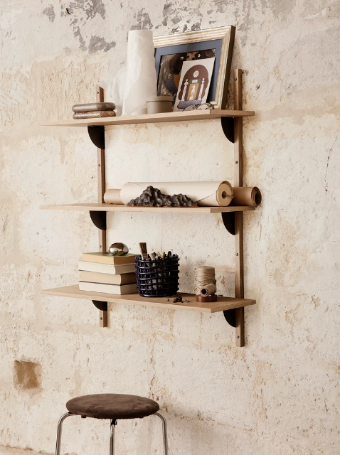 Sector Shelf, Triple, Wide Natural Oak/Black Brass