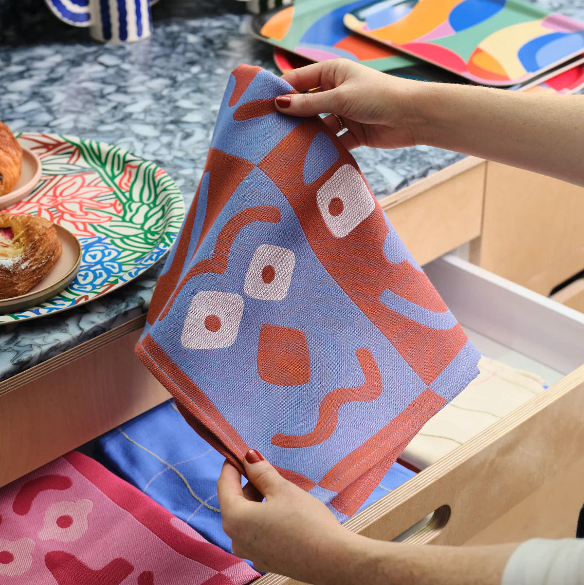 Making Faces Blue/Brown Tea Towel