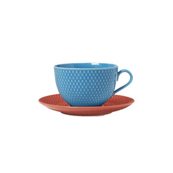 Rhombe Teacup+Saucer, Blue/Terracotta