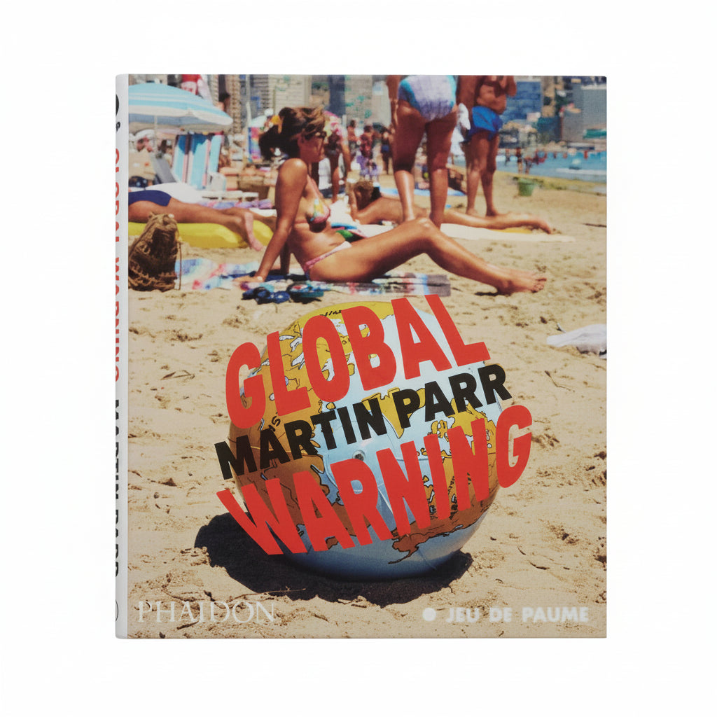 Book cover with 'Global Warning' text on a beach scene
