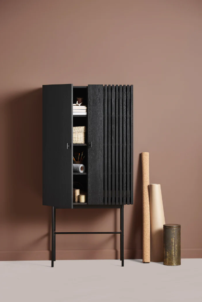 Array Highboard (80 cm), Black Painted Oak and Metal Legs
