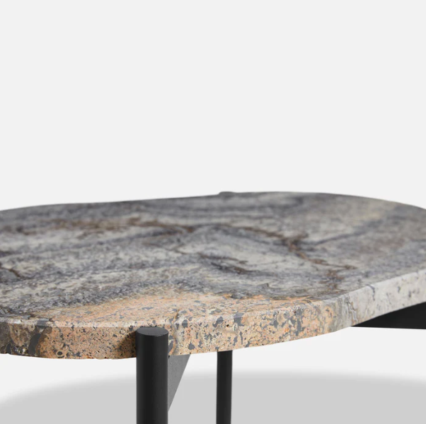 La Terra Occasional Table (Small), Grey Melange Travertine Top With Black Painted Metal Legs