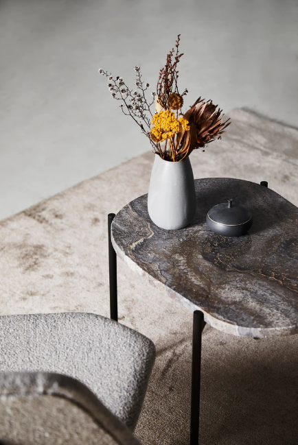 La Terra Occasional Table (Large), Grey Melange Travertine Top with Black Painted Metal Legs