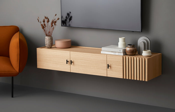 Array Wall-Mounted Sideboard (150 cm), White Pigmented Oak with Black Metal Wall Mount